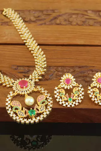 Designer gold plated cz peacock necklace set