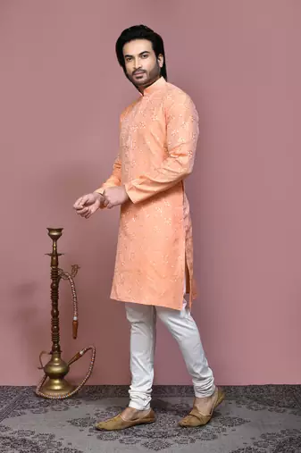 Rust woven art silk kurta pajama