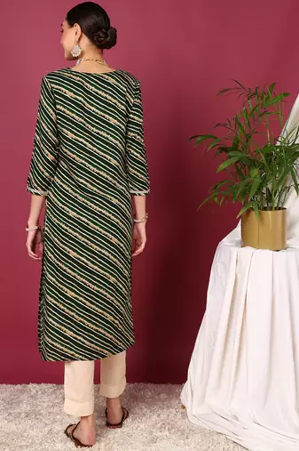 women green viscose rayon leheriya embroidered straight kurta
