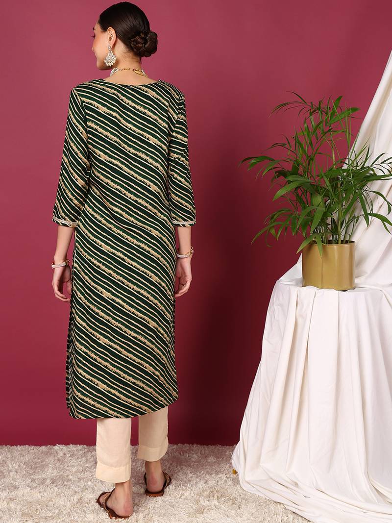 women green viscose rayon leheriya embroidered straight kurta