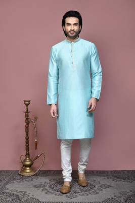 Green woven art silk kurta pajama 1