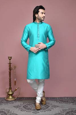 Green woven art silk kurta pajama 1