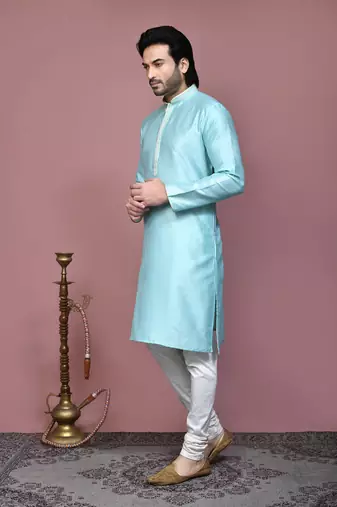 Green woven art silk kurta pajama