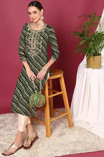 women green viscose rayon leheriya embroidered straight kurta