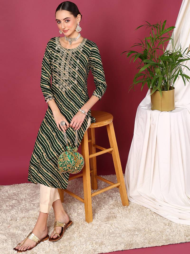 women green viscose rayon leheriya embroidered straight kurta