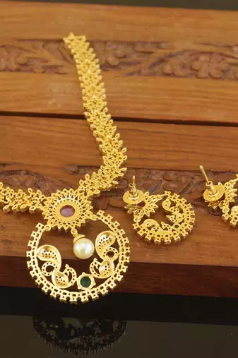 Designer gold plated cz peacock necklace set