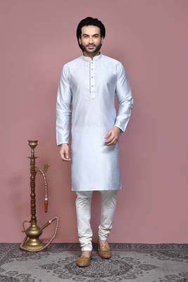 Grey woven art silk kurta pajama 1