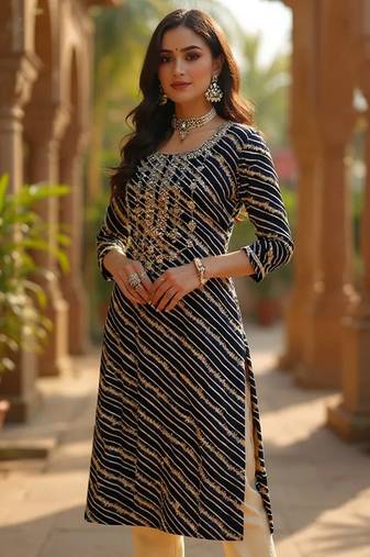 women navy blue viscose rayon leheriya embroidered straight kurta