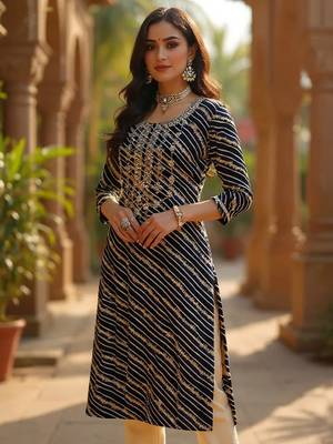 women navy blue viscose rayon leheriya embroidered straight kurta 1