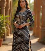 women navy blue viscose rayon leheriya embroidered straight kurta