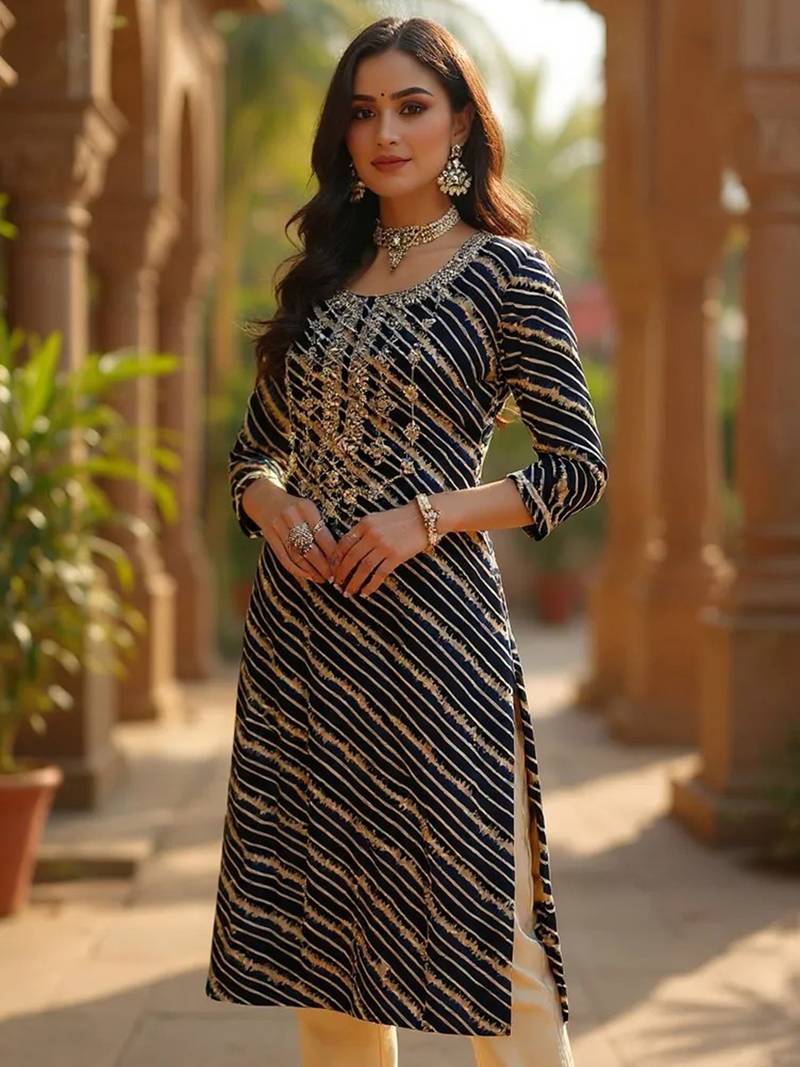women navy blue viscose rayon leheriya embroidered straight kurta