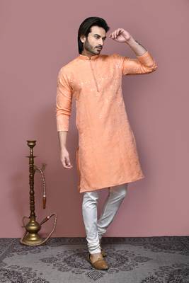 Rust woven art silk kurta pajama 4