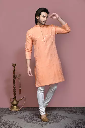 Rust woven art silk kurta pajama