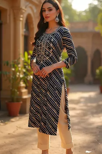 women navy blue viscose rayon leheriya embroidered straight kurta