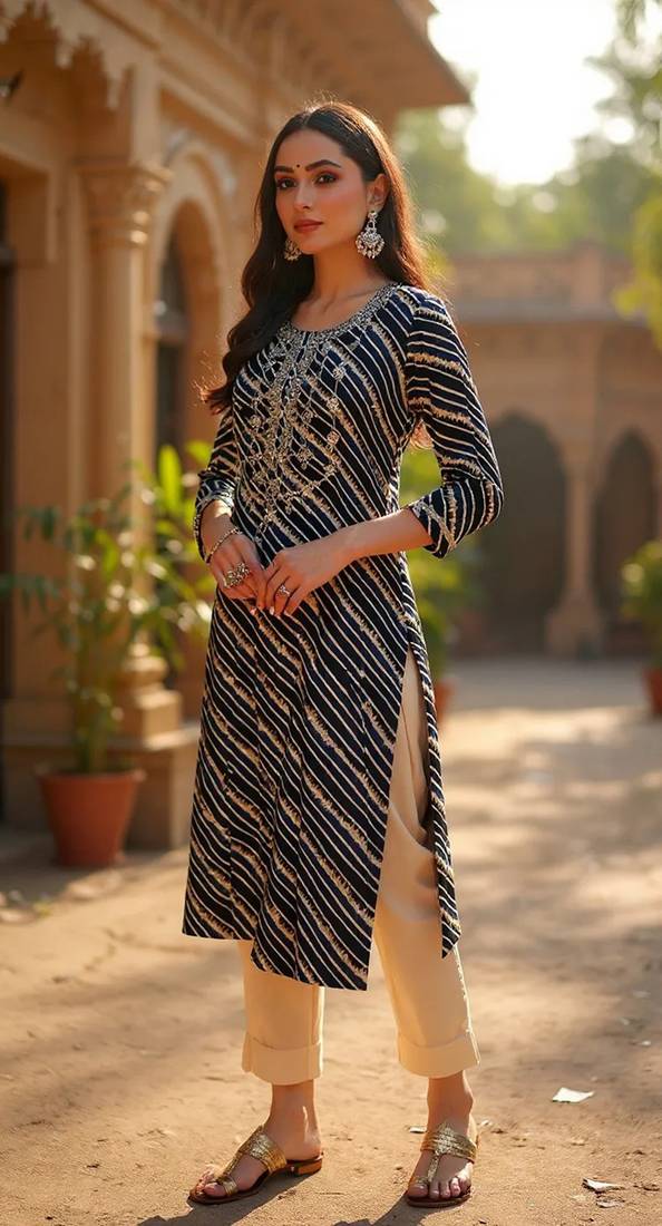 women navy blue viscose rayon leheriya embroidered straight kurta