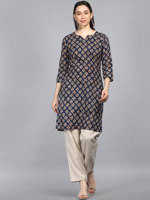 women blue cotton ethnic motifs printed straight kurta 1