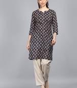 women blue cotton ethnic motifs printed straight kurta