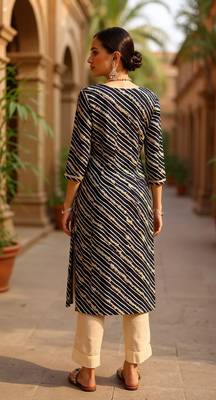 women navy blue viscose rayon leheriya embroidered straight kurta 3