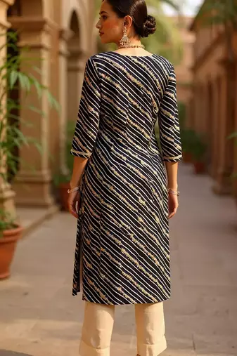 women navy blue viscose rayon leheriya embroidered straight kurta