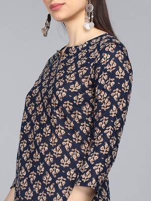 women blue cotton ethnic motifs printed straight kurta 2