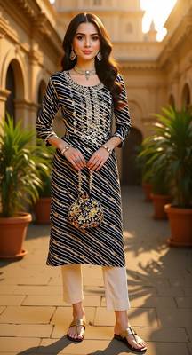 women navy blue viscose rayon leheriya embroidered straight kurta 4