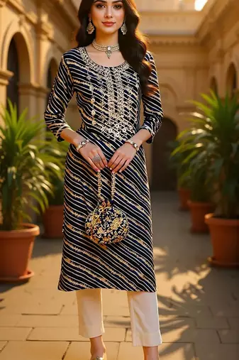 women navy blue viscose rayon leheriya embroidered straight kurta