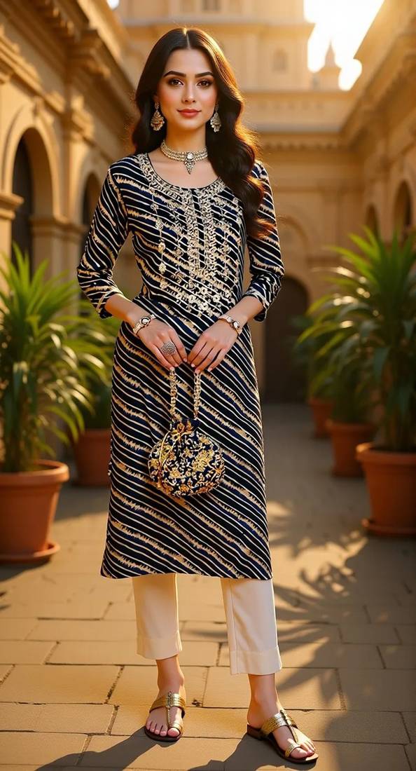 women navy blue viscose rayon leheriya embroidered straight kurta