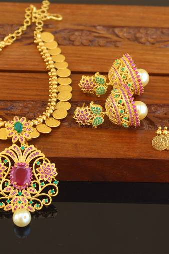 Designer gold plated cz lakshmi coin necklace set