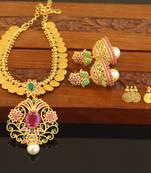 Designer gold plated cz lakshmi coin necklace set