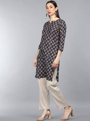 women blue cotton ethnic motifs printed straight kurta 3