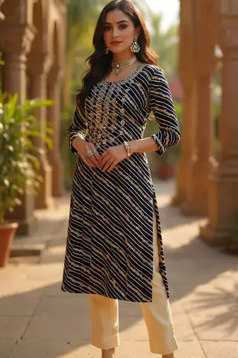 women navy blue viscose rayon leheriya embroidered straight kurta