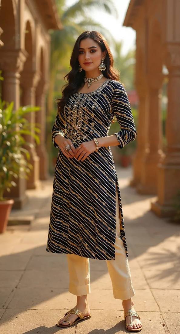 women navy blue viscose rayon leheriya embroidered straight kurta