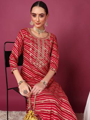 women red viscose rayon leheriya embroidered straight kurta 1