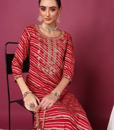 women red viscose rayon leheriya embroidered straight kurta