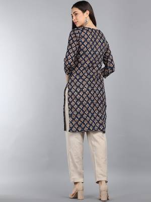 women blue cotton ethnic motifs printed straight kurta 4