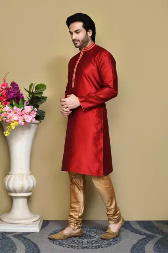 Maroon woven art silk kurta pajama