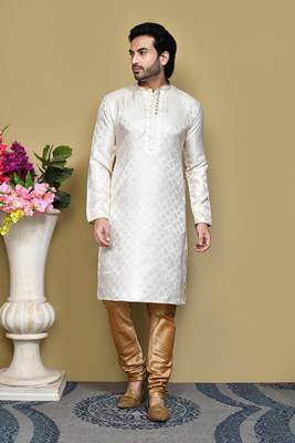 Cream woven art silk kurta pajama 1