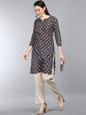 women blue cotton ethnic motifs printed straight kurta 5