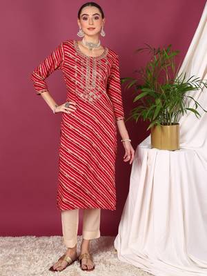 women red viscose rayon leheriya embroidered straight kurta 2
