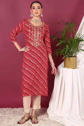 women red viscose rayon leheriya embroidered straight kurta