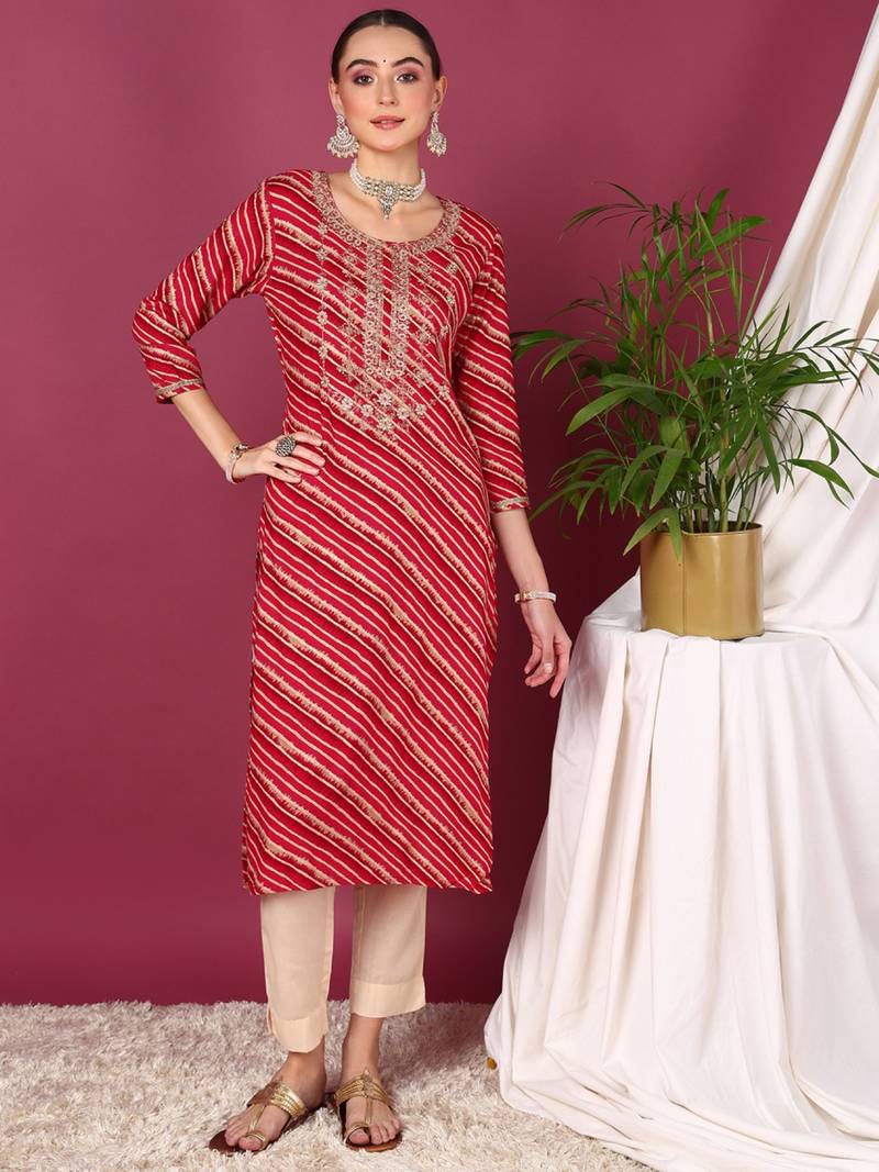 women red viscose rayon leheriya embroidered straight kurta