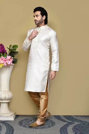 Cream woven art silk kurta pajama