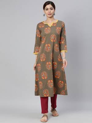 women taupe cotton floral printed a-line kurta 1