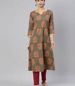women taupe cotton floral printed a-line kurta