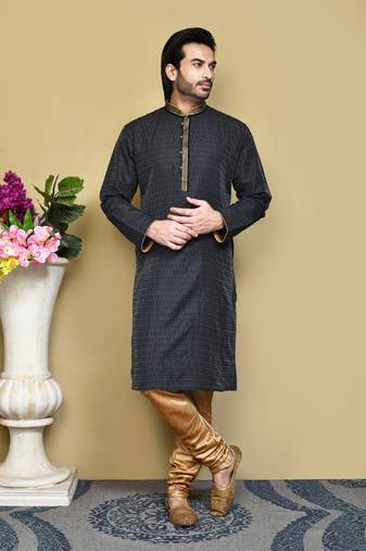 Black woven art silk kurta pajama