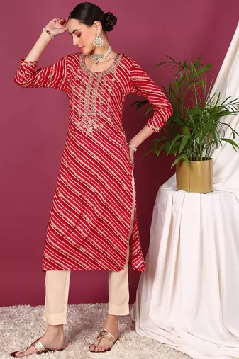 women red viscose rayon leheriya embroidered straight kurta