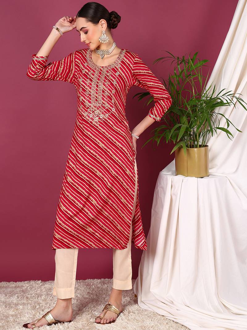 women red viscose rayon leheriya embroidered straight kurta