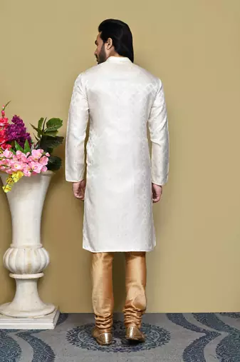 Cream woven art silk kurta pajama