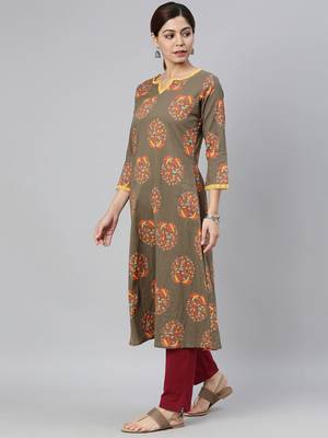 women taupe cotton floral printed a-line kurta 3