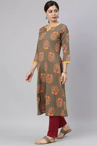 women taupe cotton floral printed a-line kurta